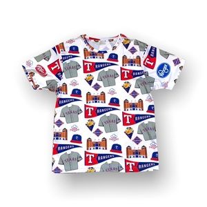 MLB Texas Rangers White Multi-color Graphic Print Baseball T-shirt | Size Medium